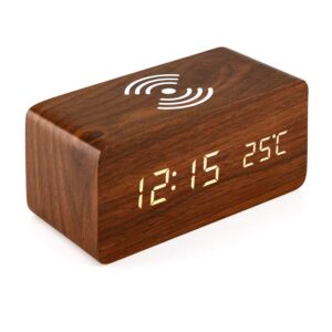 Dual Powered Wooden Wireless Qi Charging LED Alarm Clock- Battery/USB Powered_0