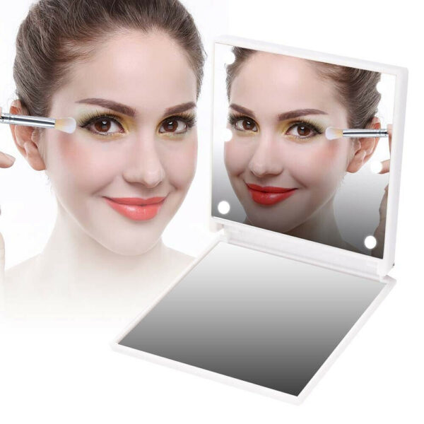 6 Built-in LED Mini Handheld Folding Makeup Mirror- Battery Operated_0