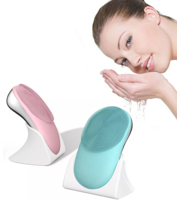 USB Rechargeable Electric Silicone Facial Brush Heated Massager_0